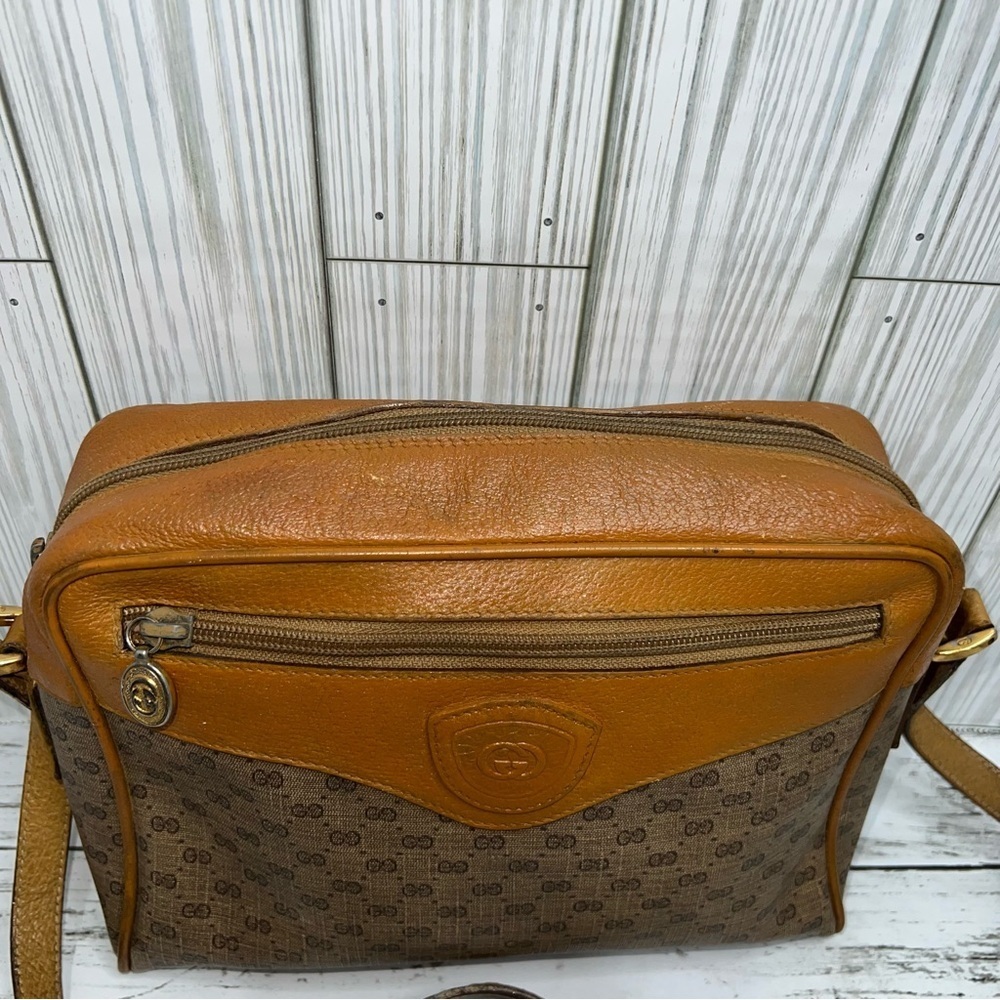 Gucci Vintage GG Monogram Canvas Crossbody Bag Brown Leather Trim Messenger - Picture 4 of 12